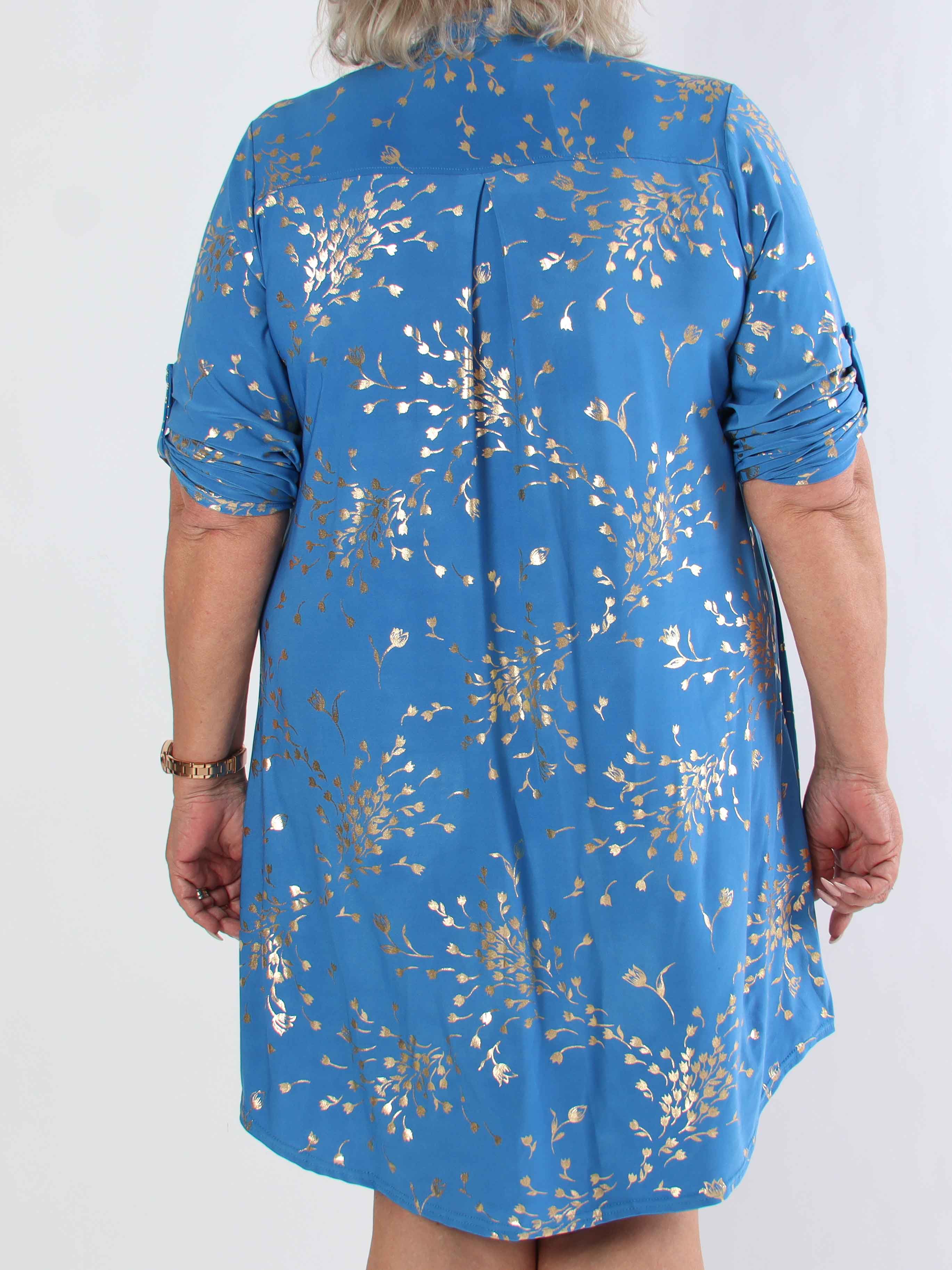 Ebba Gold Leaf Long - Elastisk ensfarvet plus size kjole med guld blomsterprint